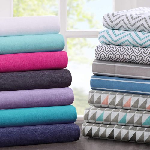  Intelligent Design Blend Jersey Knit Full, Coastal Cotton, Grey Chevron Bed Set 4-Piece Include Flat, Fitted Sheet & 2 Pillowcases