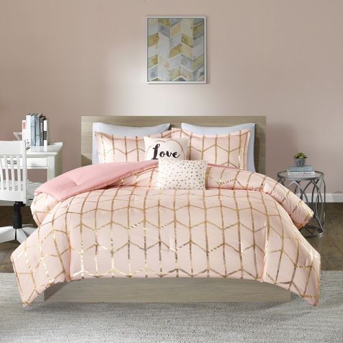  Intelligent Design Raina Comforter Set Twin/Twin XL Size - Blush Gold, Geometric  4 Piece Bed Sets  Ultra Soft Microfiber Teen Bedding for Girls Bedroom