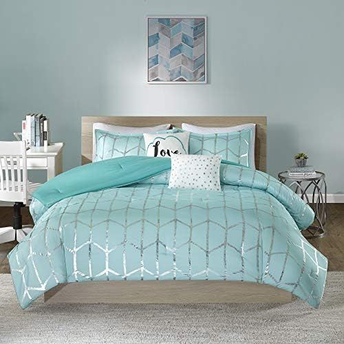 [아마존베스트]Intelligent Design Raina Comforter Set Twin/Twin XL Size - Aqua Silver, Geometric  4 Piece Bed Sets  Ultra Soft Microfiber Teen Bedding for Girls Bedroom
