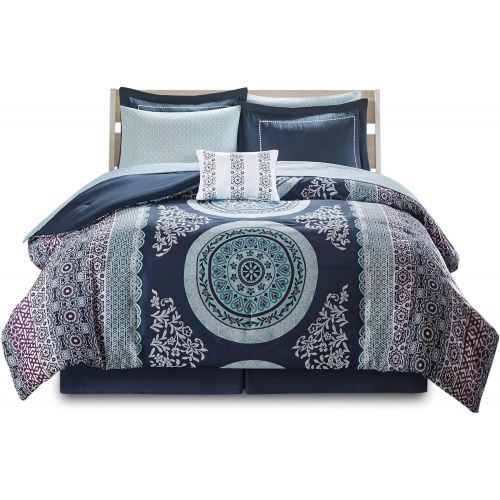  [아마존베스트]Intelligent Design Loretta Ultra Soft Brushed Microfiber Bohemian Boho Medallion Comforter and Sheet Set Bag Bedding, Twin, Navy 7 Piece