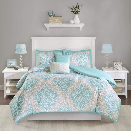  [아마존베스트]Intelligent Design Senna Comforter Set Full/Queen Size - Aqua Blue/Gray, Damask  5 Piece Bed Sets  All Season Ultra Soft Microfiber Teen Bedding - Great For Guest Room and Girls