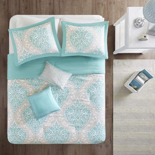  [아마존베스트]Intelligent Design Senna Comforter Set Full/Queen Size - Aqua Blue/Gray, Damask  5 Piece Bed Sets  All Season Ultra Soft Microfiber Teen Bedding - Great For Guest Room and Girls