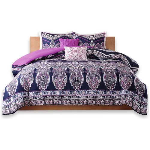  Intelligent Design Leona Comforter Set FullQueen Size - Black, Aqua, Damask  5 Piece Bed Sets  Peach Skin Fabric Teen Bedding for Girls Bedroom