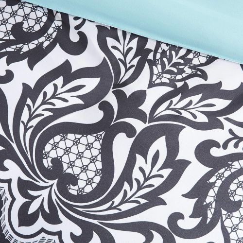  Intelligent Design Leona Comforter Set FullQueen Size - Black, Aqua, Damask  5 Piece Bed Sets  Peach Skin Fabric Teen Bedding for Girls Bedroom