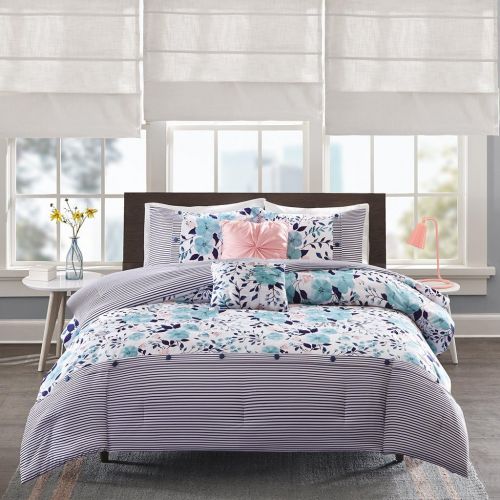  Intelligent Design Olivia Comforter Set FullQueen Size - Purple Blue, Floral  5 Piece Bed Sets  Ultra Soft Microfiber Teen Bedding for Girls Bedroom
