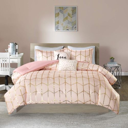  Intelligent Design Raina Comforter Set FullQueen Size - Blush Gold, Geometric  5 Piece Bed Sets  Ultra Soft Microfiber Teen Bedding for Girls Bedroom