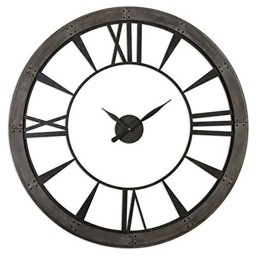  Uttermost Rustic Round Iron Bronze Wood Wall Clock | Oversized Open Design Distressed
