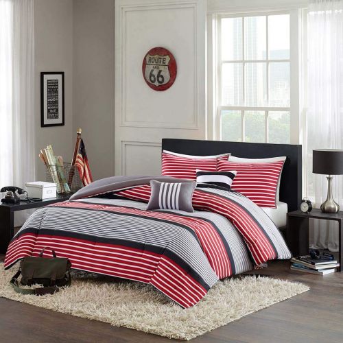  Intelligent Design Paul Full/Queen Comforter Set Teen Boy Bedding - Red Black, Striped  5 Piece Bed Sets  Ultra Soft Microfiber Bed Comforter