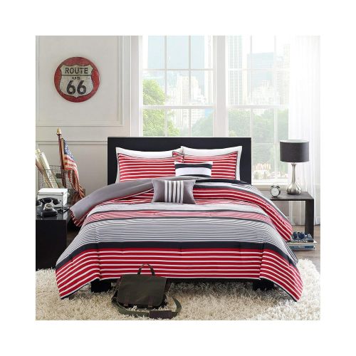  Intelligent Design Paul Full/Queen Comforter Set Teen Boy Bedding - Red Black, Striped  5 Piece Bed Sets  Ultra Soft Microfiber Bed Comforter