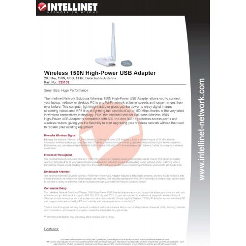  Intellinet INTELLINET IEEE 802.11bgn Wireless 150N High-Power USB Adapter (525152)