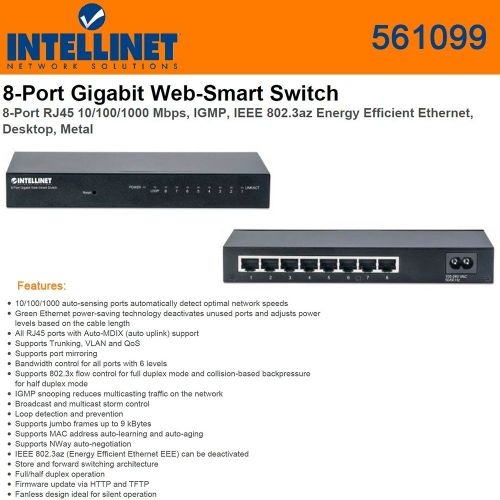  Intellinet Network Solutions Intellinet Network (561099) 8-Port RJ45 101001000 Mbps Gigabit Web-Smart Switch, Metal, IEEE 802.3az (Energy Efficient Ethernet)