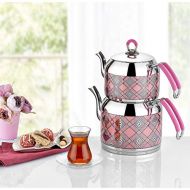 Inter Celik Turkish Double Tea Pot Set, Inter HASIR Decorated Silicone Handle Stainless Steel Teapot (Pink, Mini)