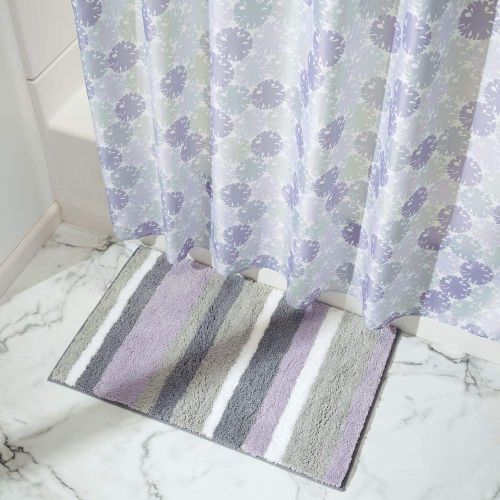  InterDesign Stripz Bath, Machine Washable Microfiber Accent Rug for Bathroom, Kitchen, Bedroom, Office, Kids Room, 34 x 21 Lavender Purple and Gray