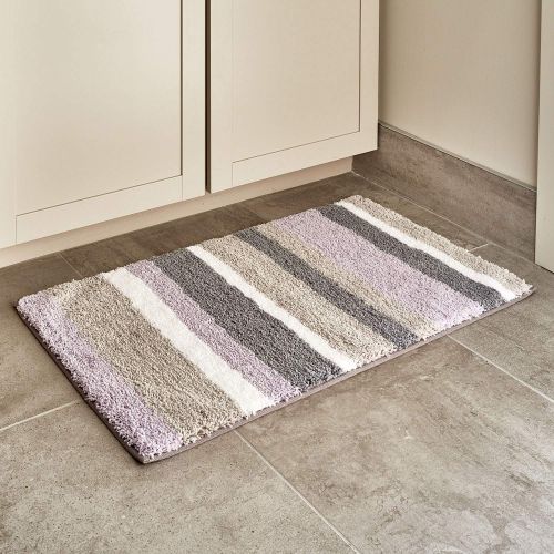  InterDesign Stripz Bath, Machine Washable Microfiber Accent Rug for Bathroom, Kitchen, Bedroom, Office, Kids Room, 34 x 21 Lavender Purple and Gray