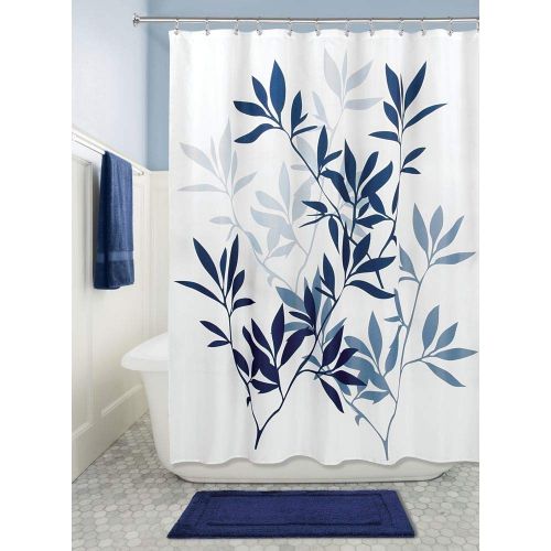  InterDesign Leaves Fabric Shower, Modern Mildew-Resistant Bath Curtain for Master, Kids, Guest Bathroom, Standard Navy and Slate Blue