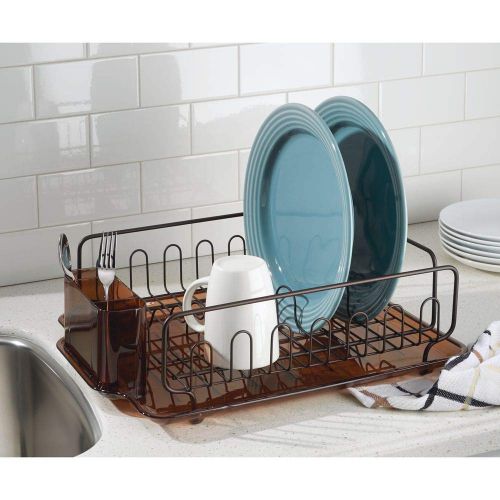  InterDesign Forma Lupe Stainless Steel Metal Sink Dish Drainer Plastic Tray Kitchen Drying Rack for Glasses, Silverware, Bowls, Plates, Utensils, Bronze