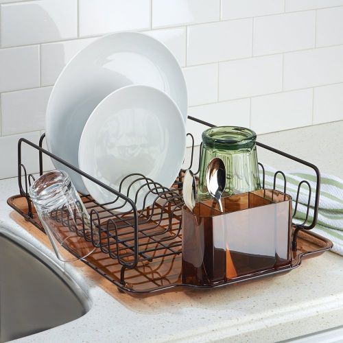  InterDesign Forma Lupe Stainless Steel Metal Sink Dish Drainer Plastic Tray Kitchen Drying Rack for Glasses, Silverware, Bowls, Plates, Utensils, Bronze