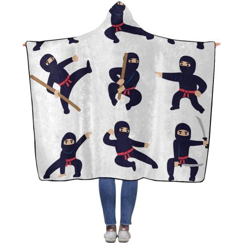  InterestPrint Cartoon Funny Ninja Samurai Wearable Hooded Blanket 80 x 56 inches Adults Micro Fleece Blankets with Hood