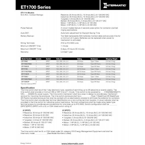  Intermatic ET1715C 7-Day 2030-Amps SPDT Electronic Time Switch, Clock Voltage 120-Volt - 277-Volt NEMA 1