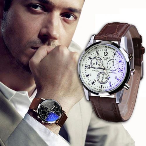  Internet Mode Luxus Leder Herren Blue Ray Glas Quartz Analog Uhren