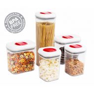 Internets Best Spin Lock Airtight Canisters | Set of 5 | 2 Square, 2 Rectangular & 1 Tall Square Container | Stacking Food Storage Twist Lock for Sugar Rice Flour Pasta Nuts Cookie