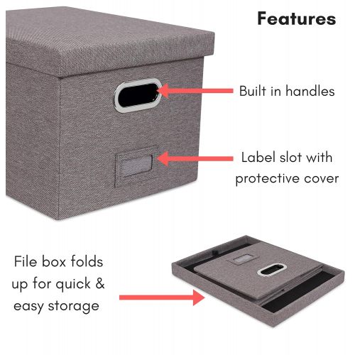  Internets Best Collapsible File Storage Organizer Box with Lid | Decorative Linen Hanging Filing & Storage Office Box | Letter/Legal | Strong Durable | Toys Blankets Binders | Grey