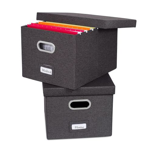  Internets Best Collapsible File Storage Organizer Box with Lid | Decorative Linen Hanging Filing & Storage Office Box | Letter/Legal | Strong Durable | Toys Blankets Binders | Grey