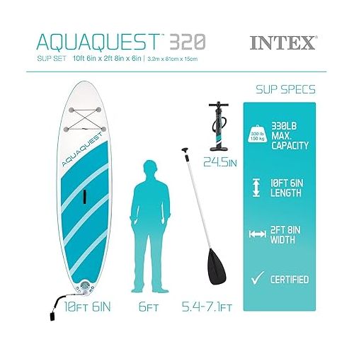 인텍스 INTEX AquaQuest Inflatable Paddle Board Series: Includes Adjustable Paddle and High Pressure Pump - Tri-Fin Design - Slip-Resistant EVA Pad - Storage Rope - Drop Stitch Core