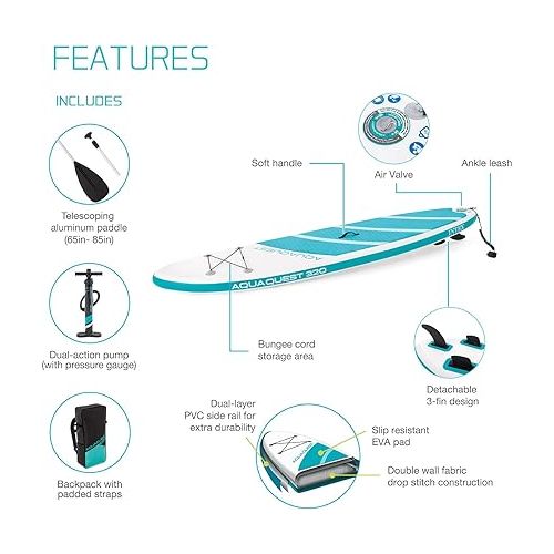 인텍스 INTEX AquaQuest Inflatable Paddle Board Series: Includes Adjustable Paddle and High Pressure Pump - Tri-Fin Design - Slip-Resistant EVA Pad - Storage Rope - Drop Stitch Core