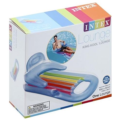 인텍스 Intex 58802EP King Kool Inflatable Single Person Lounging Swimming Pool Float with Armrests, Backrest, and Cupholder, Multi-Colored