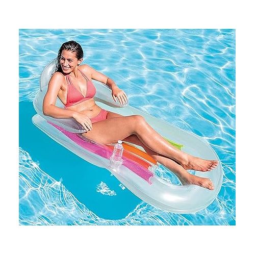 인텍스 Intex 58802EP King Kool Inflatable Single Person Lounging Swimming Pool Float with Armrests, Backrest, and Cupholder, Multi-Colored