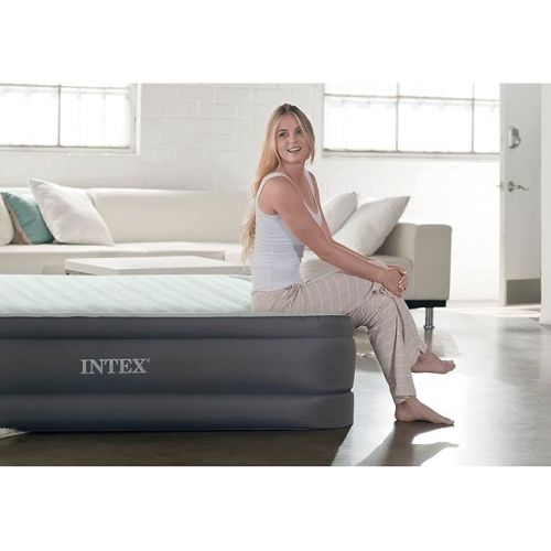 인텍스 Intex PremAire I Fiber-Tech Elevated Dura Beam Lightweight Inflatable Home Pillowtop Airbed Mattress Electric Built-in Pump Portable Carry Bag, Queen