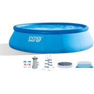 Intex Inflatable Easy Set above Ground Round Swimming Pool Outdoor Pool Set for Backyards with 15' Round Cover, Ladder, and Filter Pump, Blue