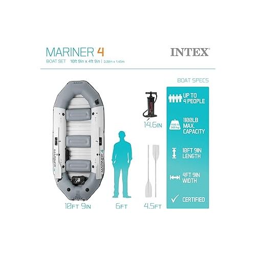 인텍스 INTEX 68373EP Mariner 3 Inflatable Boat Set: Includes Deluxe 54in Boat Oars and High-Output Pump - Wear-Resistant Keel - Removable Fishing Rod Holders - 3-Person - 880lb Weight Capacity