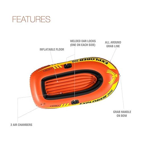 인텍스 INTEX Explorer Inflatable Boat Series: Dual Air Chambers - Welded Oar Locks - Grab Handles - Bow Rope - Sporty Design