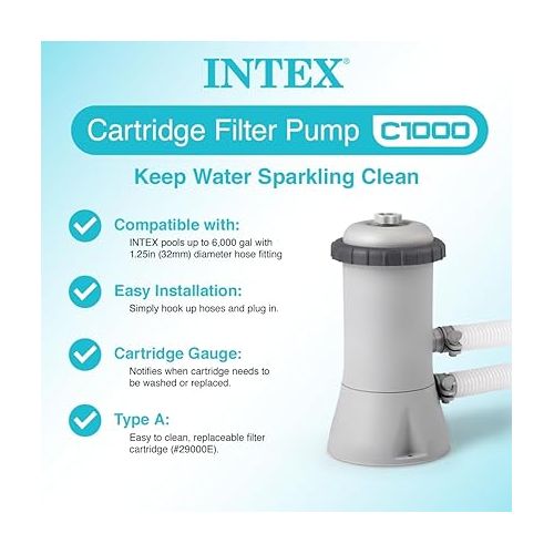 인텍스 INTEX C1000 Krystal Clear Cartridge Filter Pump for Above Ground Pools: 1000 GPH Pump Flow Rate - Improved Circulation and Filtration - Easy Installation - Improved Water Clarity - Easy-to-Clean