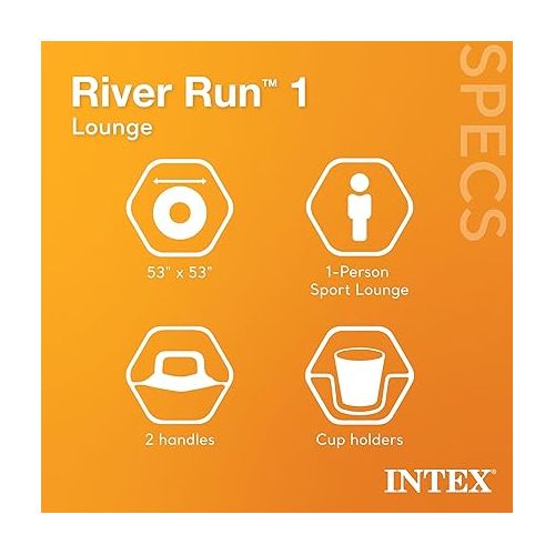 인텍스 Intex River Run Single Person Inflatable Floating Water Tube Raft with Built-In Backrest, Cupholder, and Mesh Bottom for Lakes and Pools