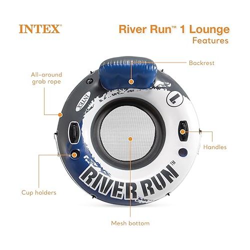 인텍스 Intex River Run Single Person Inflatable Floating Water Tube Raft with Built-In Backrest, Cupholder, and Mesh Bottom for Lakes and Pools