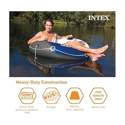 인텍스 Intex River Run Single Person Inflatable Floating Water Tube Raft with Built-In Backrest, Cupholder, and Mesh Bottom for Lakes and Pools