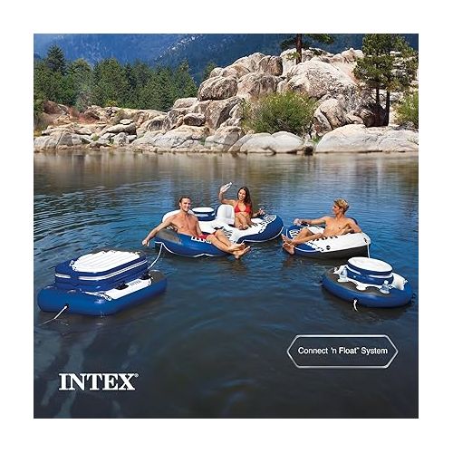 인텍스 Intex River Run Single Person Inflatable Floating Water Tube Raft with Built-In Backrest, Cupholder, and Mesh Bottom for Lakes and Pools