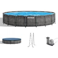 Intex Prism Frame Round above Ground Outdoor Swimming Pool Set with Filter Pump, Ladder, Ground Cloth, and Pool Cover, Greywood