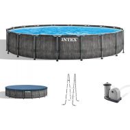 Intex Prism Frame Round Above Ground Outdoor Swimming Pool Set with Filter Pump, Ladder, Ground Cloth, and Pool Cover, Greywood