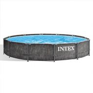 Intex Greywood Prism Frame 12 Foot x 30 Inch Round Above Ground Outdoor Swimming Pool with 530 GPH Filter Pump, Grey Woodgrain Design