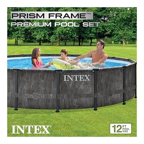인텍스 Intex Greywood Prism Frame 12 Foot x 30 Inch Round Above Ground Outdoor Swimming Pool with 530 GPH Filter Pump, Grey Woodgrain Design