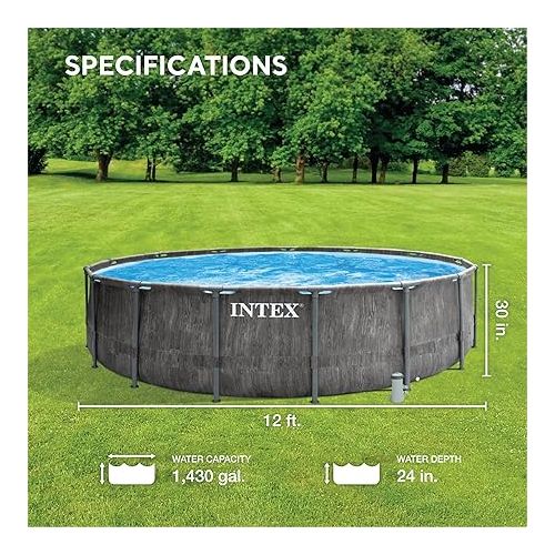 인텍스 Intex Greywood Prism Frame 12 Foot x 30 Inch Round Above Ground Outdoor Swimming Pool with 530 GPH Filter Pump, Grey Woodgrain Design