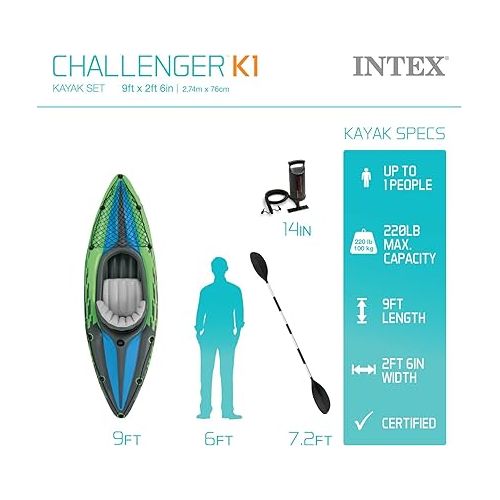 인텍스 INTEX Challenger Inflatable Kayak Series: Includes Deluxe 86in Kayak Paddles and High-Output Pump ? SuperStrong PVC ? Adjustable Seat with Backrest ? Removable Skeg ? Cargo Storage Net