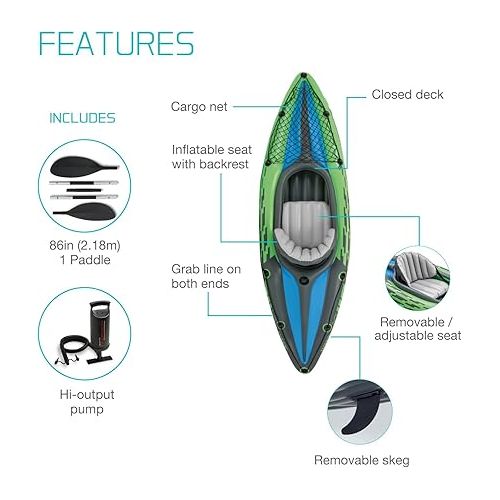 인텍스 INTEX Challenger Inflatable Kayak Series: Includes Deluxe 86in Kayak Paddles and High-Output Pump ? SuperStrong PVC ? Adjustable Seat with Backrest ? Removable Skeg ? Cargo Storage Net