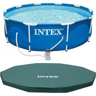 INTEX Metal Frame 10ft x 30in Round Above Ground Outdoor Swimming Pool Set with 330 GPH Filter Pump, Cartridge, and Protective Round Pool Cover