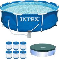 INTEX Pool Metal Frame 10'x30 Round Outdoor Swimming Pool Set with 330 GPH Filter Pump, Pool Cover, and Type H Filter Cartridge Replacements (6 Pack)