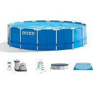 Intex 15 Foot by 48 Inch Round Metal Frame Above Ground Swimming Pool Set for Outdoor Use with Filter Pump, Ladder, Ground Cloth, and Cover, Blue